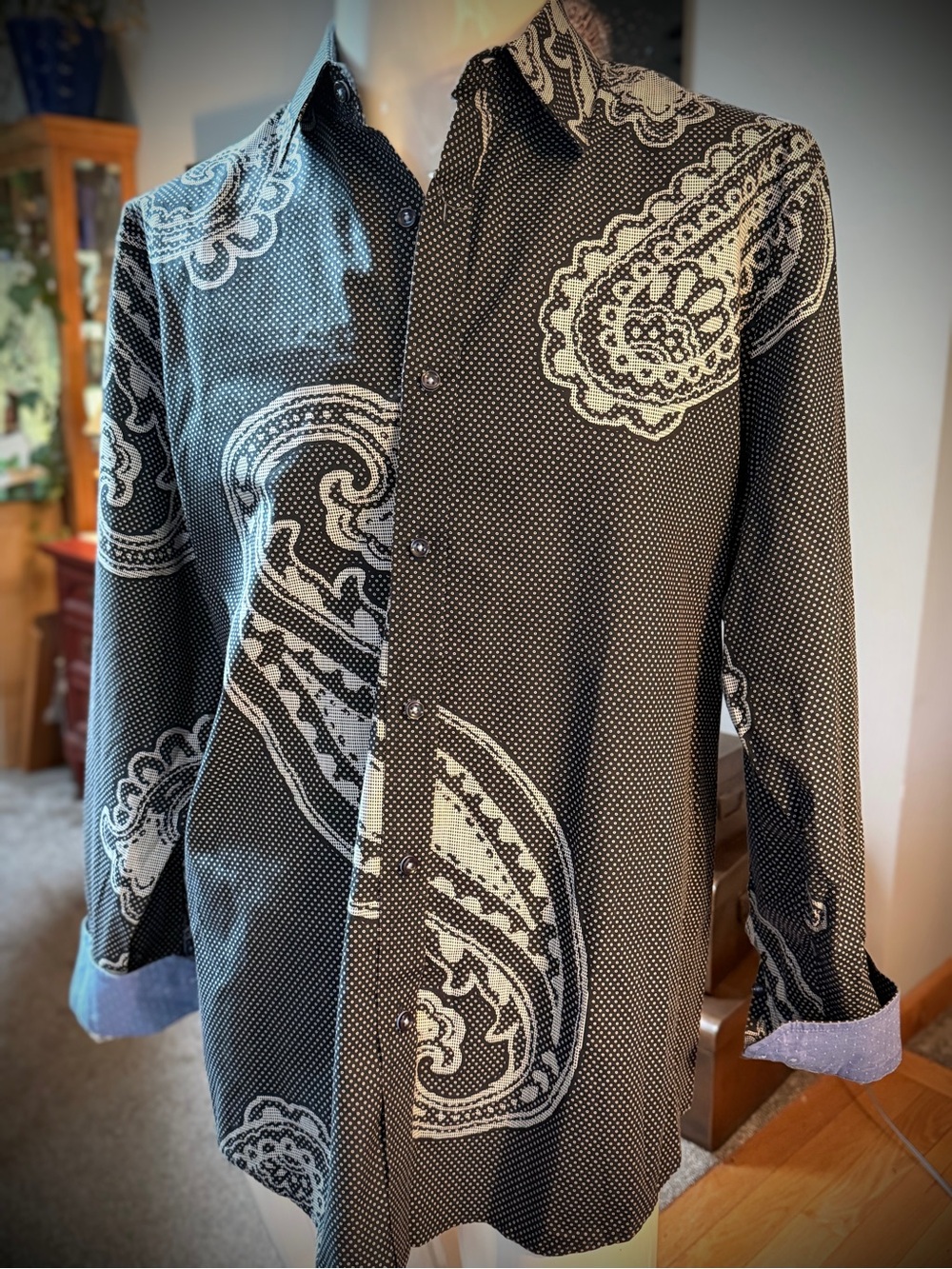 Tasso Elba Black Button-Down Shirt with White Paisley Motif